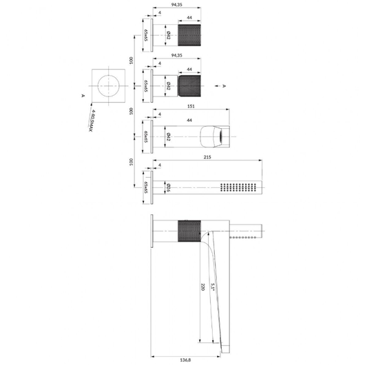 Omnires Contour šlifuoto aukso spalvos vonios maišytuvo matmenys