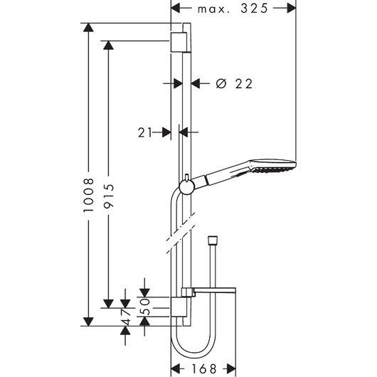 Dušo komplektas Hansgrohe Raindance Select 120 Air 3jet / Unica S Puro 90, baltas/chromuotas, 90 cm. brėžinys