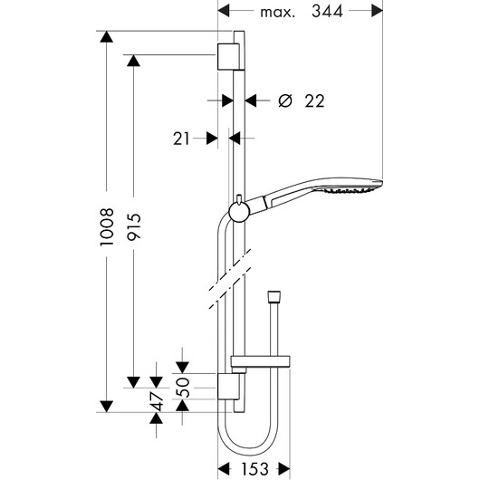Dušo komplektas Hansgrohe Raindance Select S 150 Air 3jet / Unica S Puro 90, baltas/chromuotas, 90 cm. brėžinys